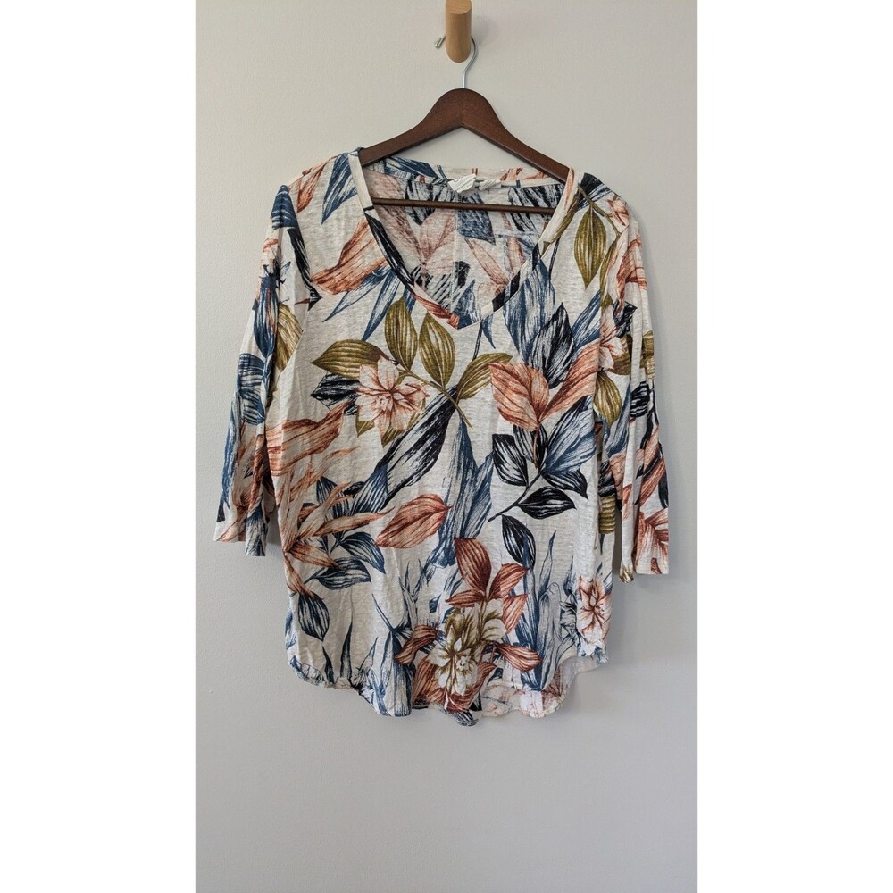 C & C California Womens 100% Linen Floral Top 1X Beachy Boho Relaxed 3/4 Sleeve